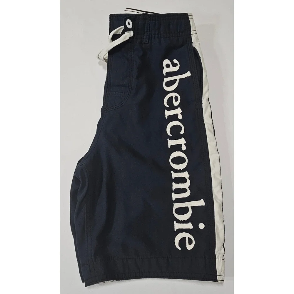 Abercrombie Kids Boys Navy Blue White Stripe Logo Swim Trunks Board Short Medium